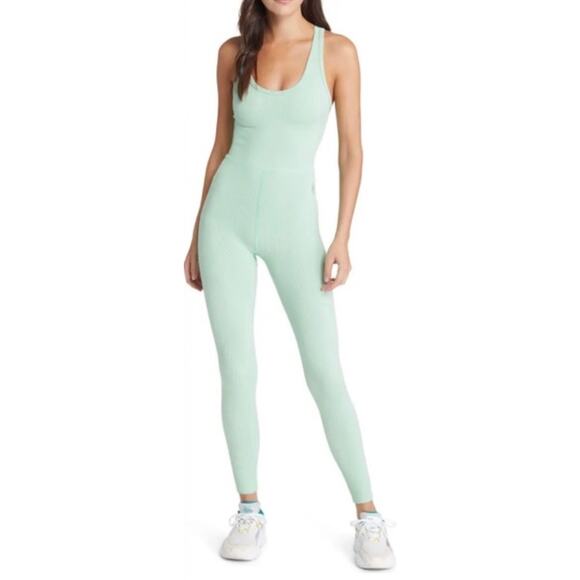 Free People Movement Throw One Piece Bodysuit Romper Sage Green Ribbed Stretch S - Picture 1 of 16